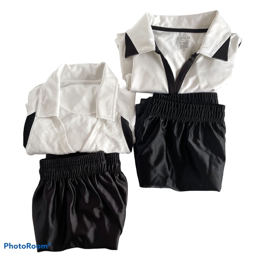 Lot-2 black soccer shorts, 2 white soccer jerseys